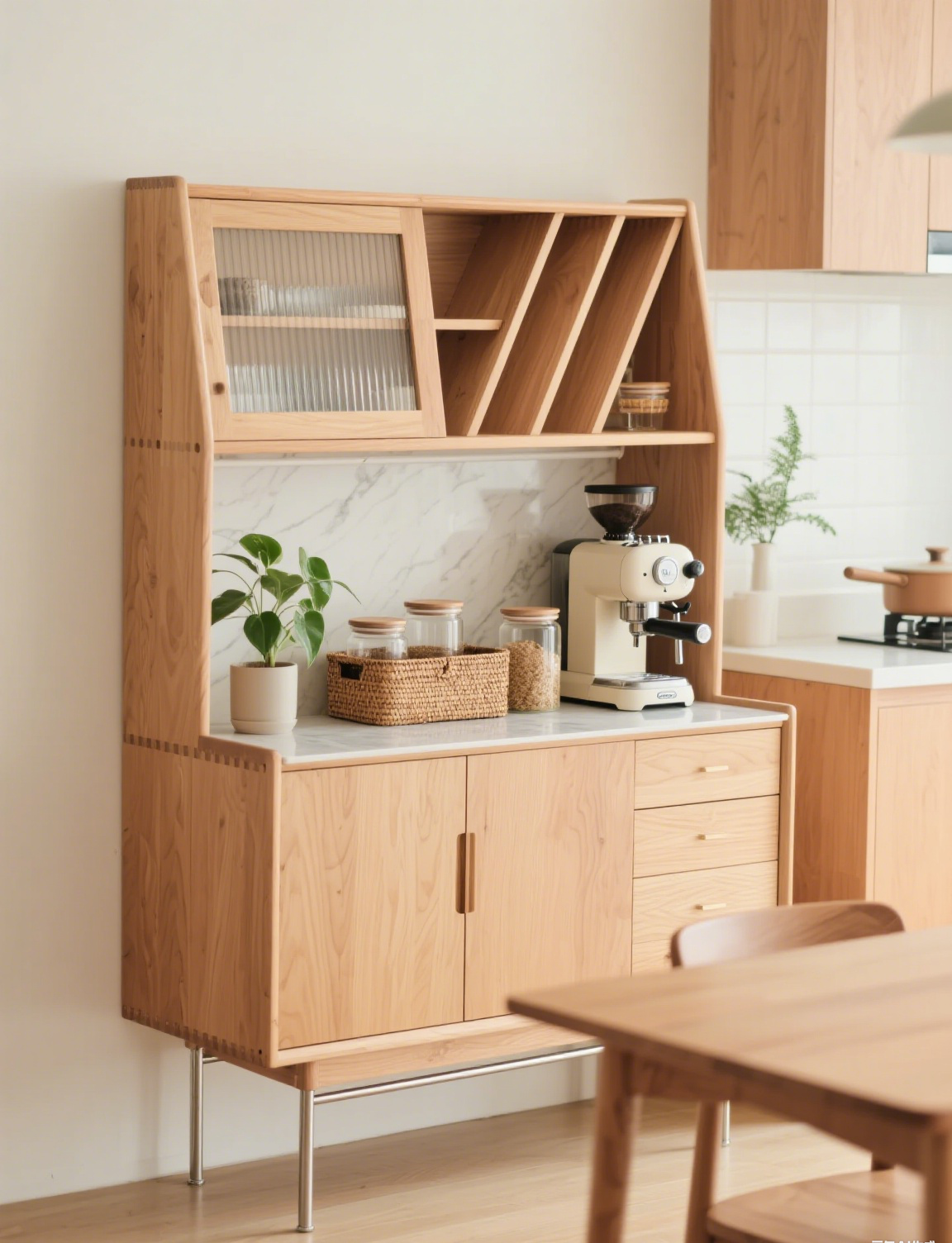 日式原木 C 字餐边柜｜香港家居质感之选，专属咖啡角 + 高效收纳一步到位