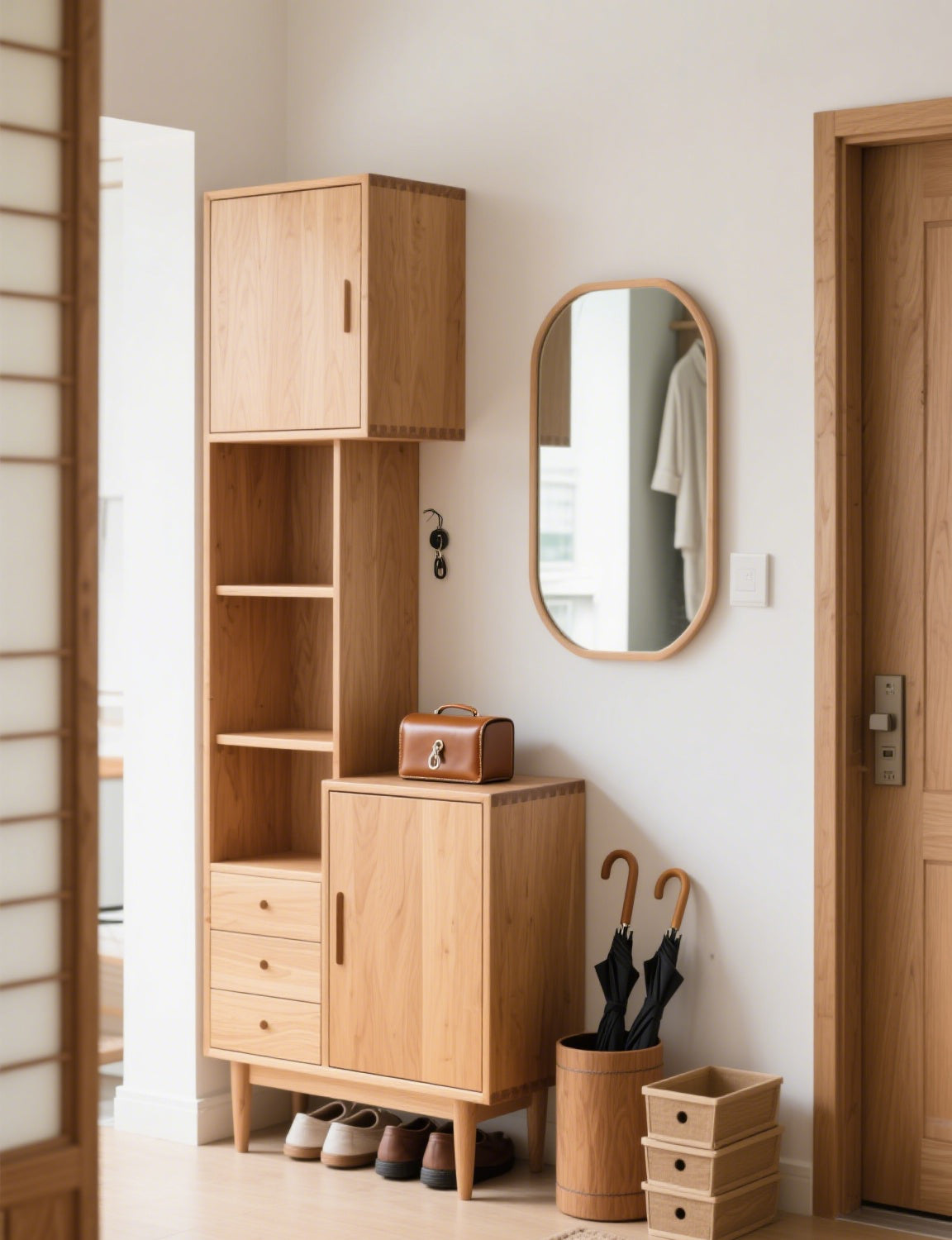 日式原木 C 字玄關櫃｜香港家居入門美學，收納與顏值雙向拉滿