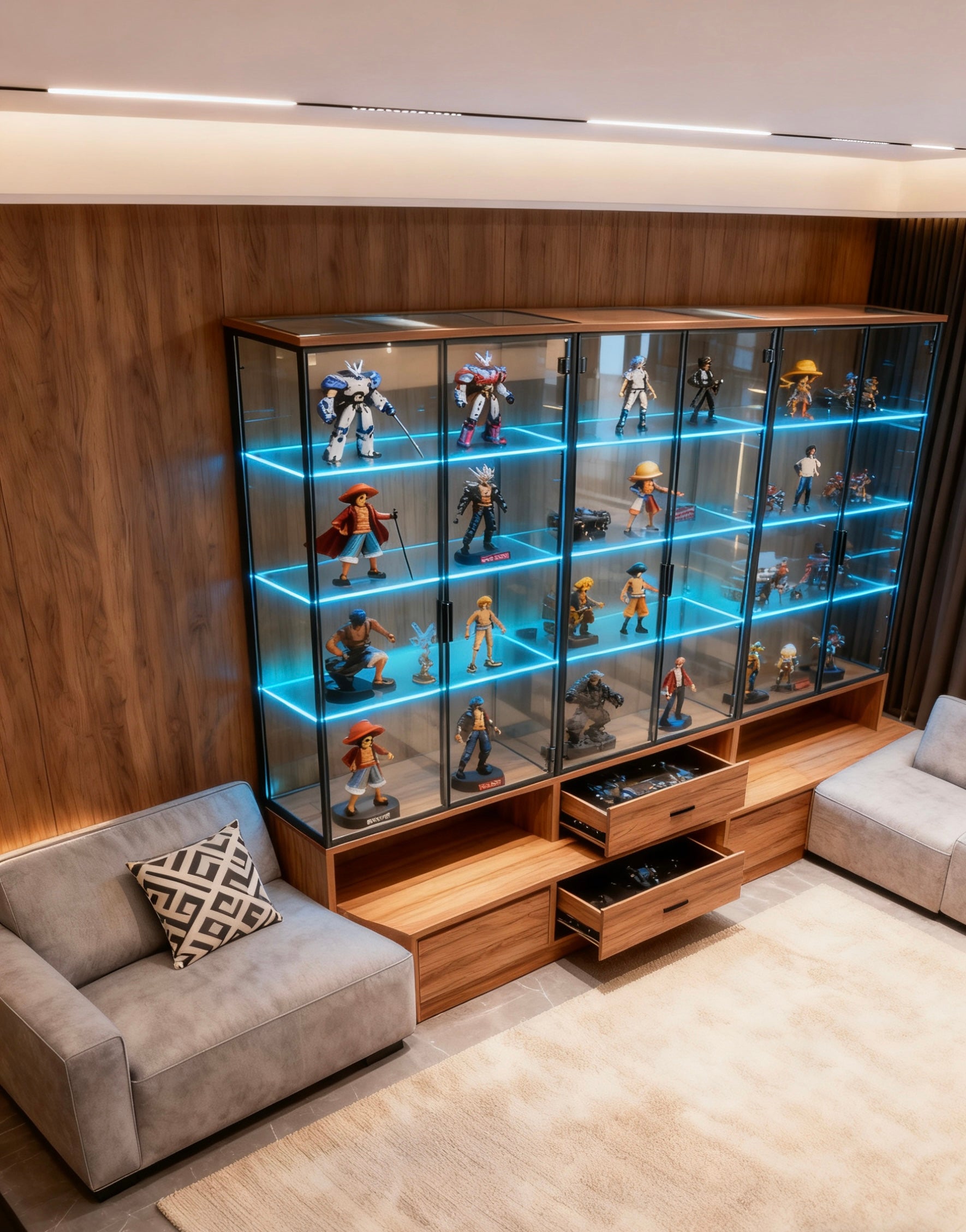 模型公仔展示櫃設計訂做｜高達海賊王收藏首選 帶燈帶沙發旁家用陳列櫃