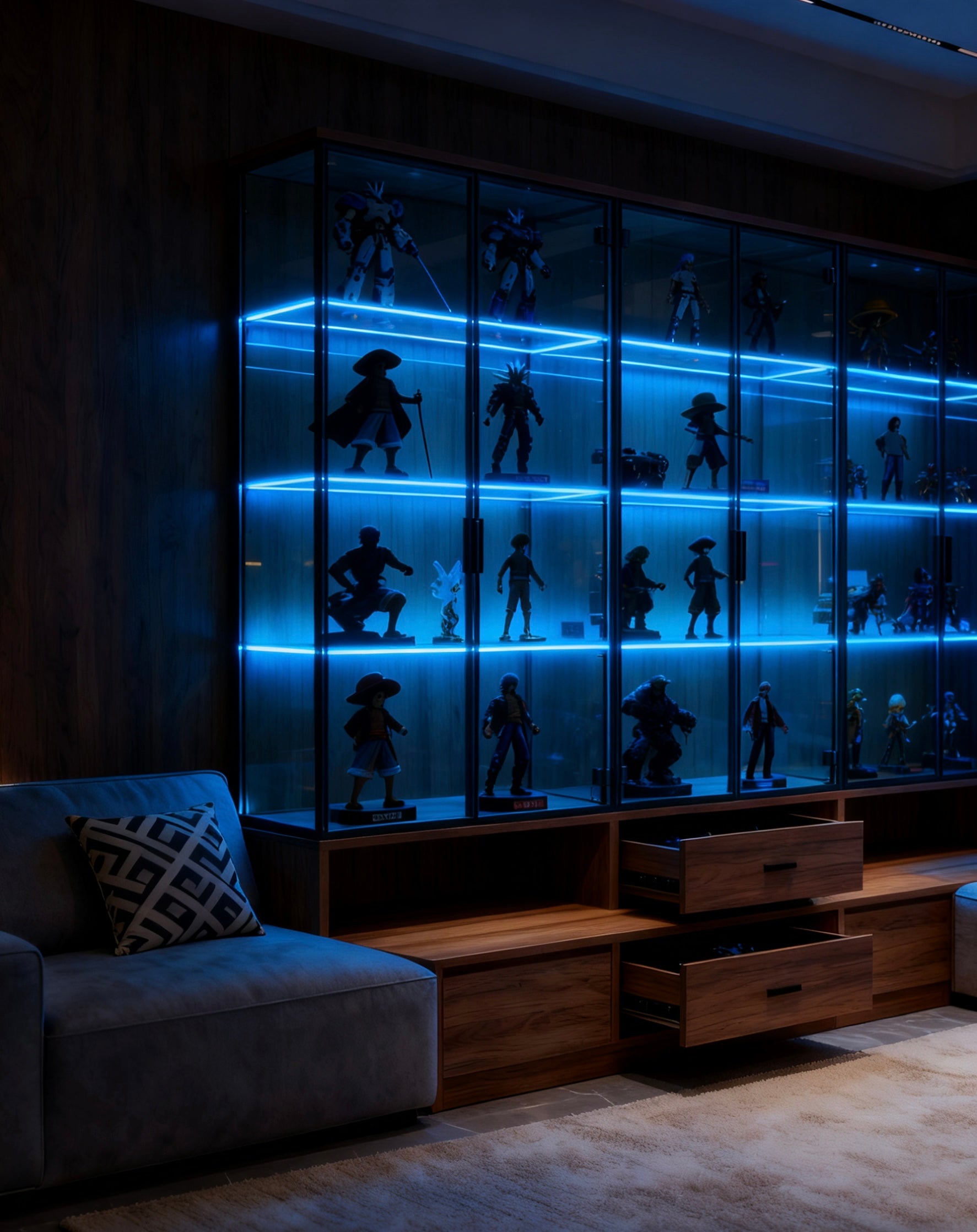 模型公仔展示櫃設計訂做｜高達海賊王收藏首選 帶燈帶沙發旁家用陳列櫃