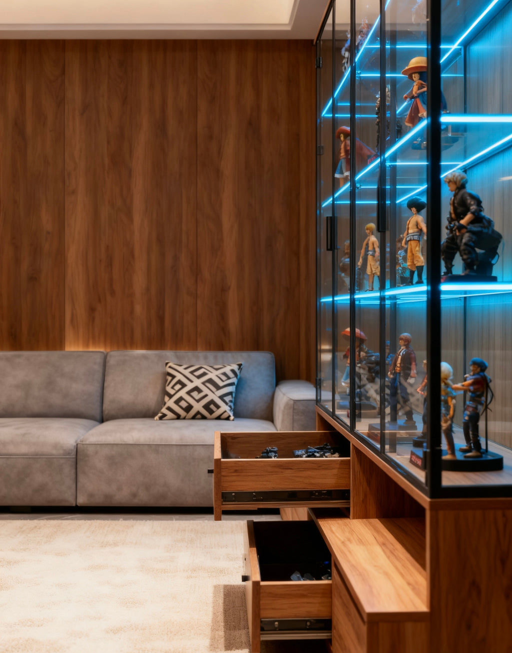 模型公仔展示櫃設計訂做｜高達海賊王收藏首選 帶燈帶沙發旁家用陳列櫃