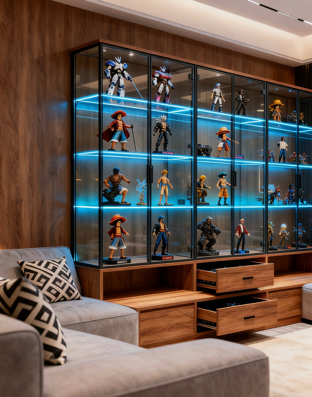 模型公仔展示櫃設計訂做｜高達海賊王收藏首選 帶燈帶沙發旁家用陳列櫃