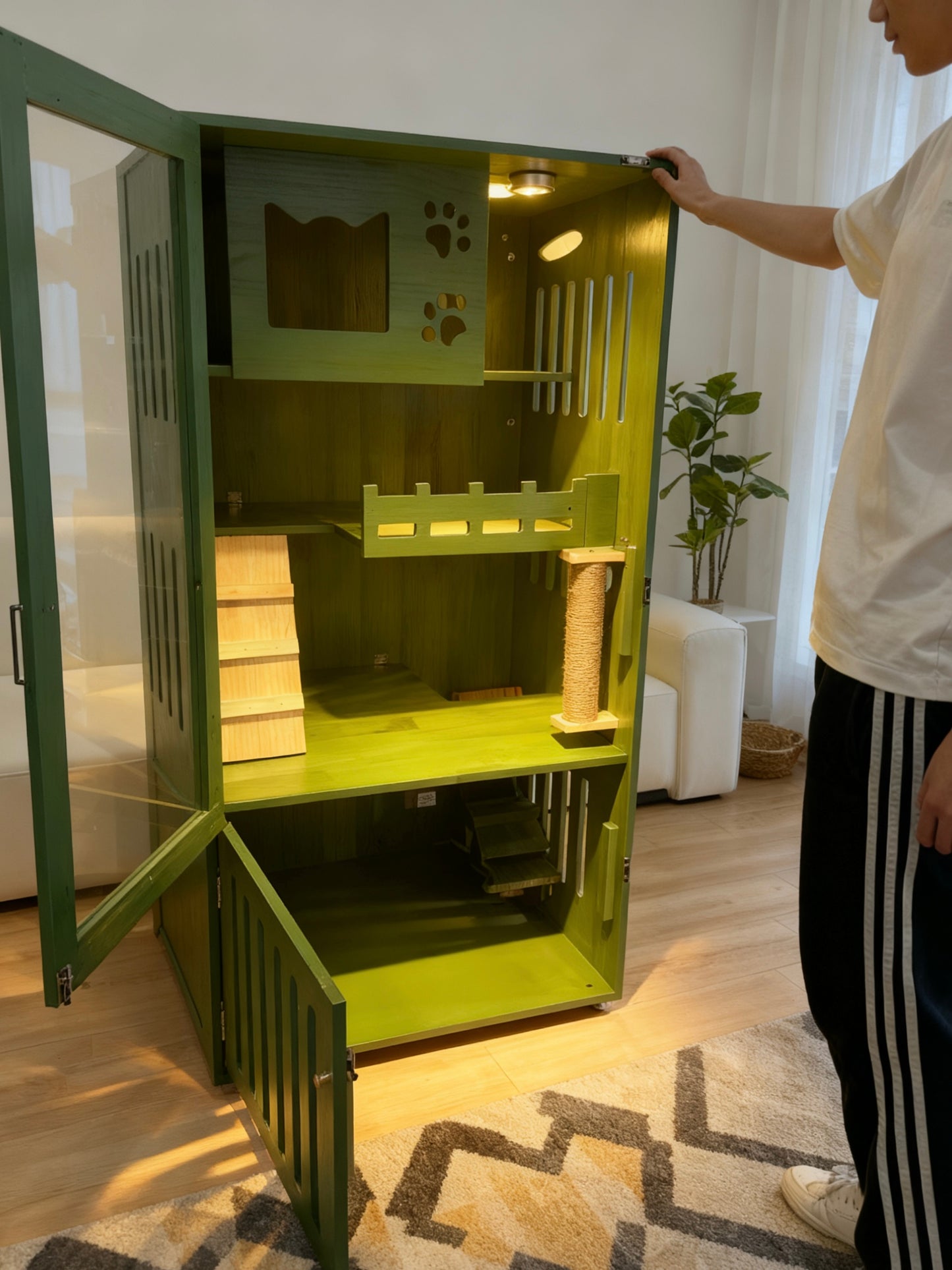 復古綠色設計貓別墅，貓屋，160×75×60cm設計，兩層上下分，獨立廁所位