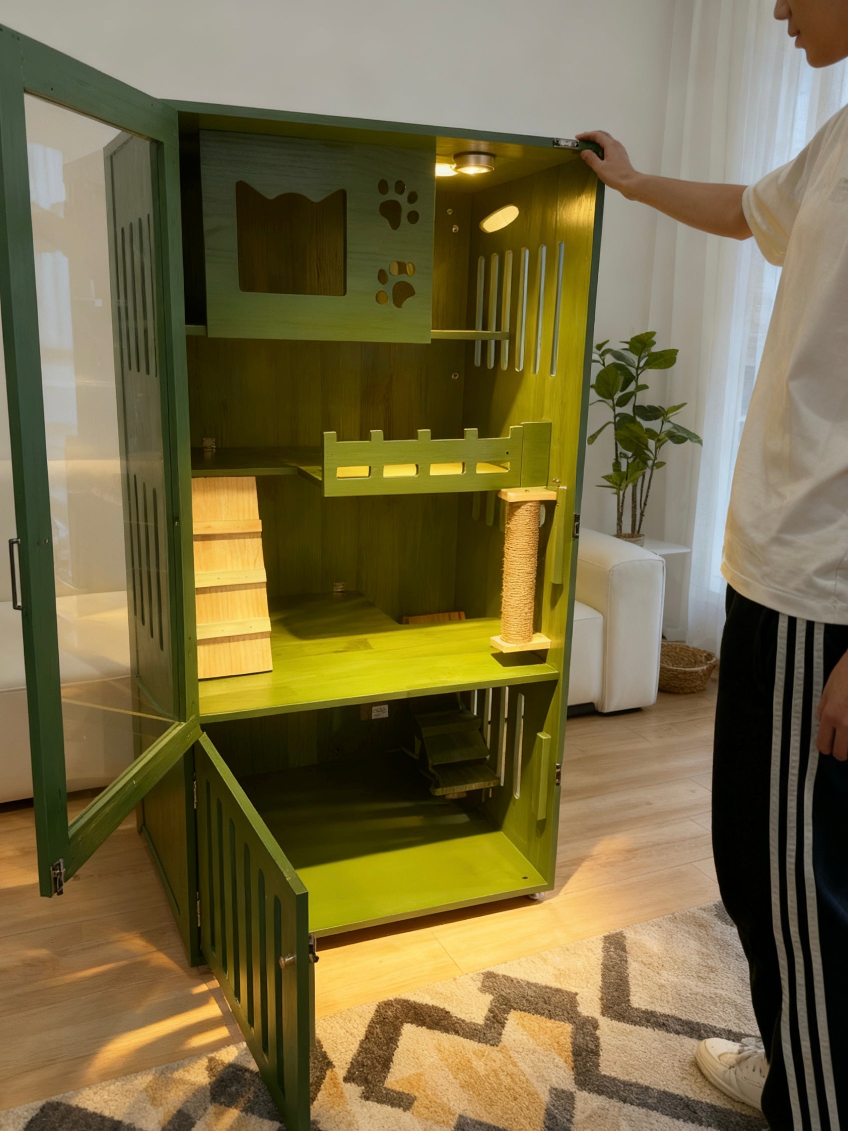 復古綠色設計貓別墅，貓屋，160×75×60cm設計，兩層上下分，獨立廁所位