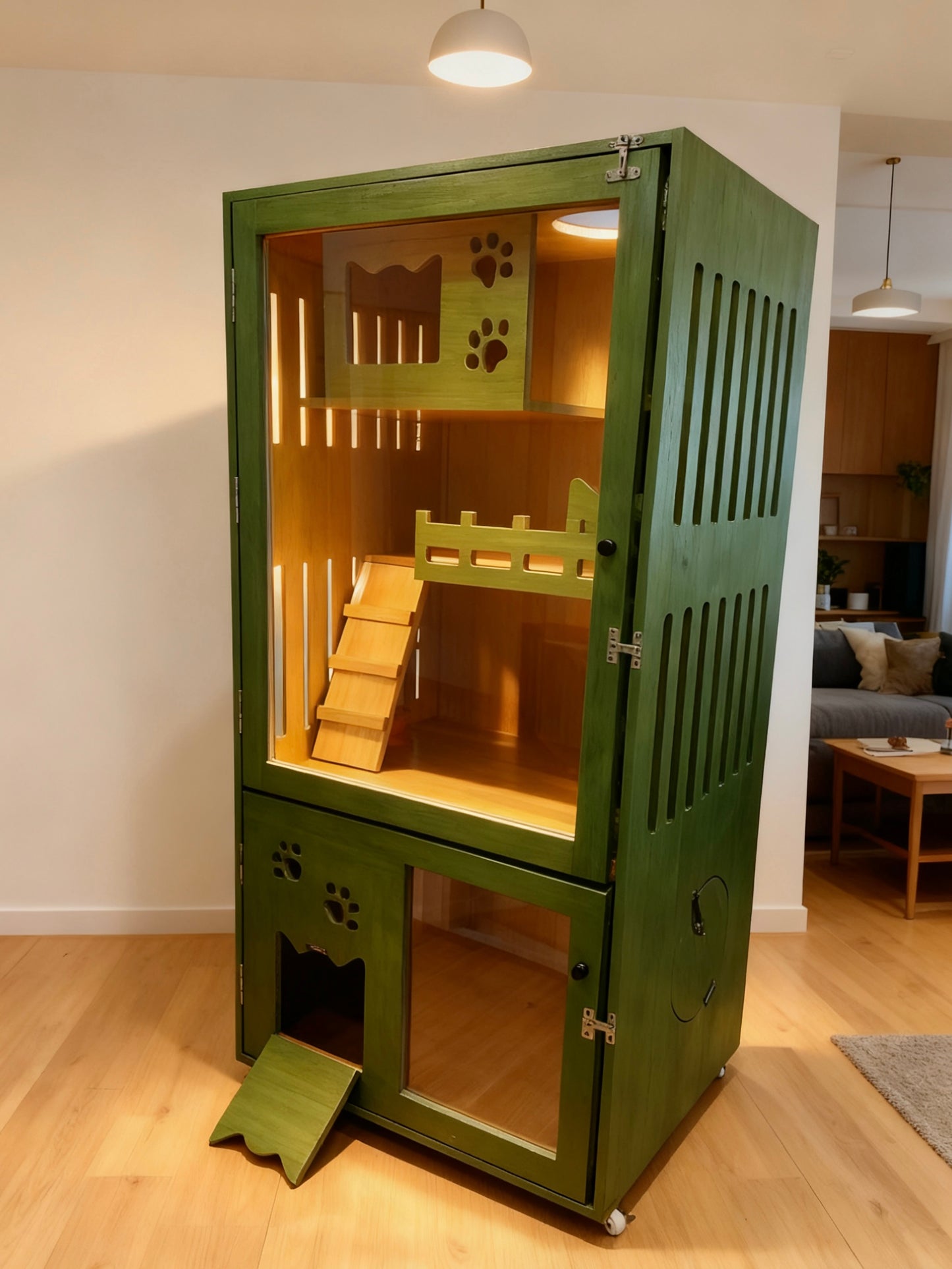 復古綠色設計貓別墅，貓屋，160×75×60cm設計，兩層上下分，獨立廁所位