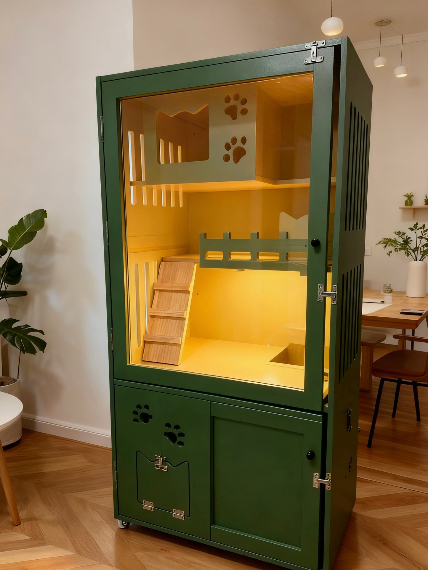 復古綠色設計貓別墅，貓屋，160×75×60cm設計，兩層上下分，獨立廁所位