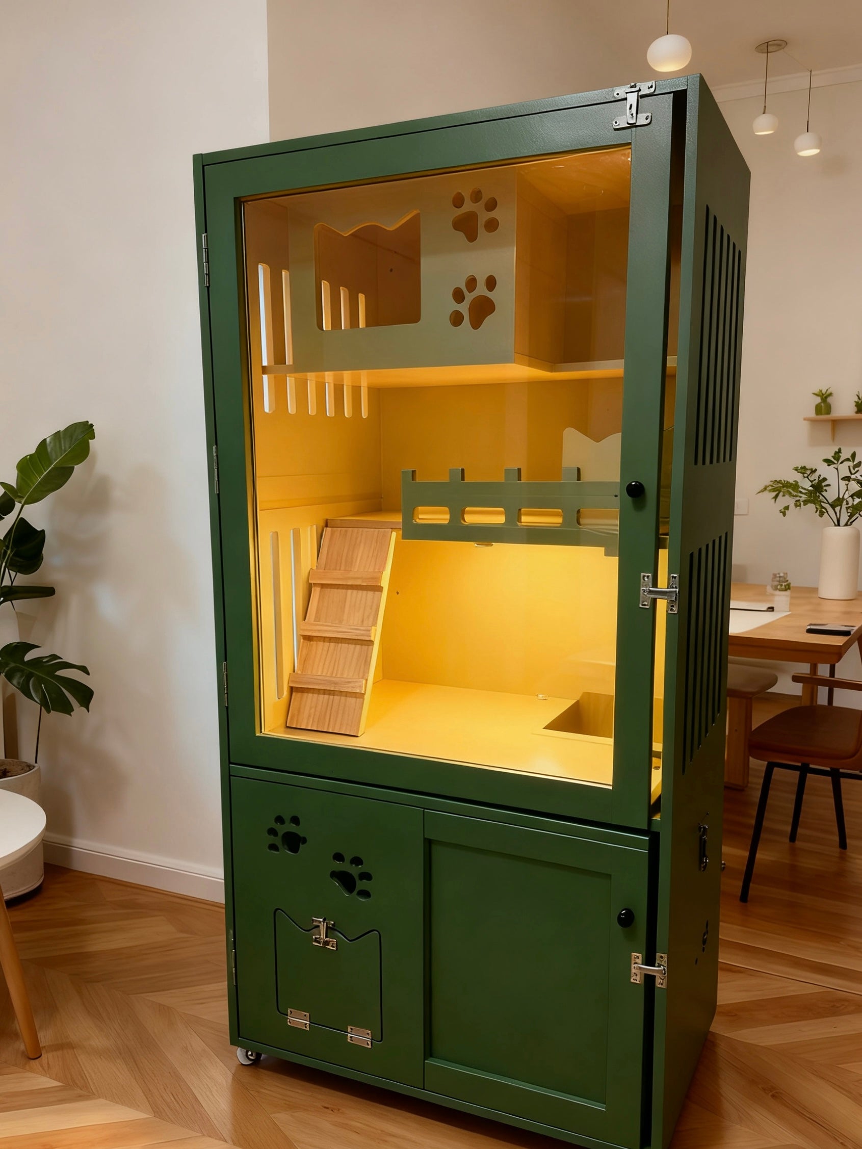 復古綠色設計貓別墅，貓屋，160×75×60cm設計，兩層上下分，獨立廁所位