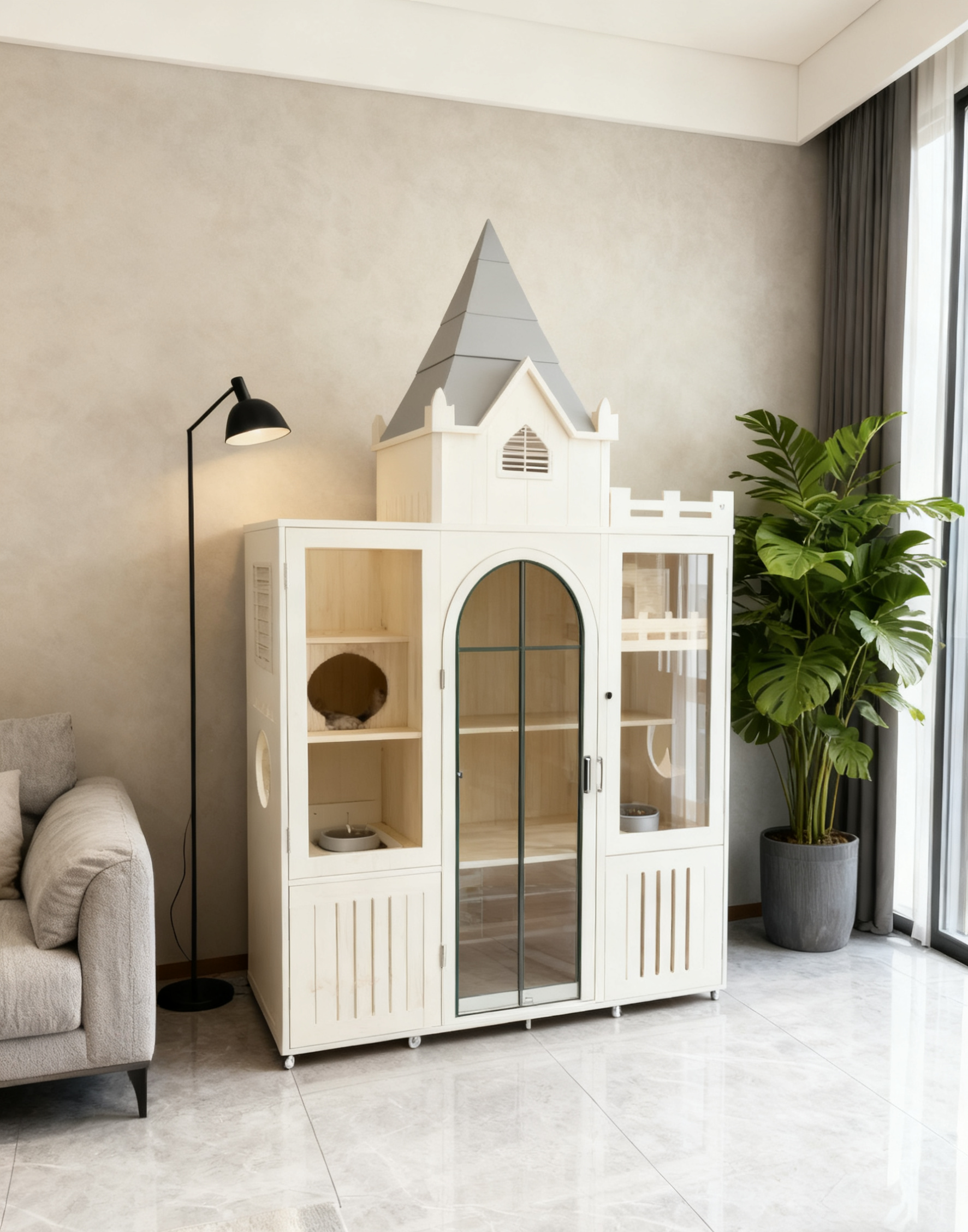 香港貓主子必入】歐式城堡風實木貓別墅 豪華通透玻璃貓屋 多層空間貓窩貓爬架