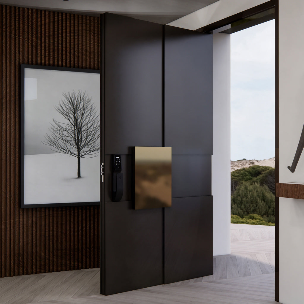 黑色豎柵鑄鋁偏軸門｜Black Vertical-Rib Cast-Aluminium Pivot Door