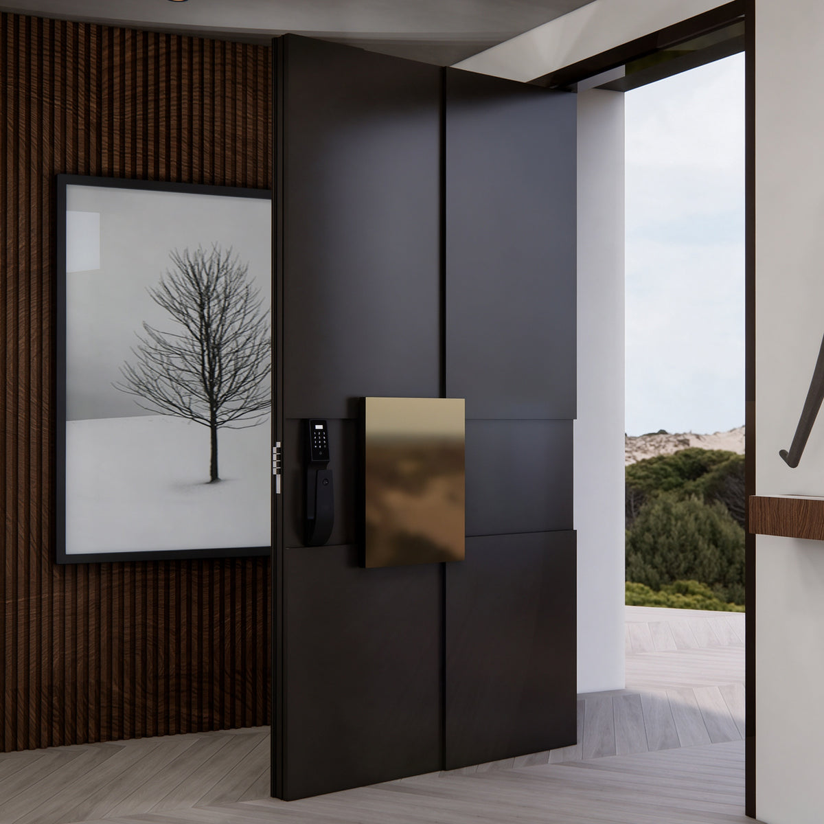 黑色豎柵鑄鋁偏軸門｜Black Vertical-Rib Cast-Aluminium Pivot Door