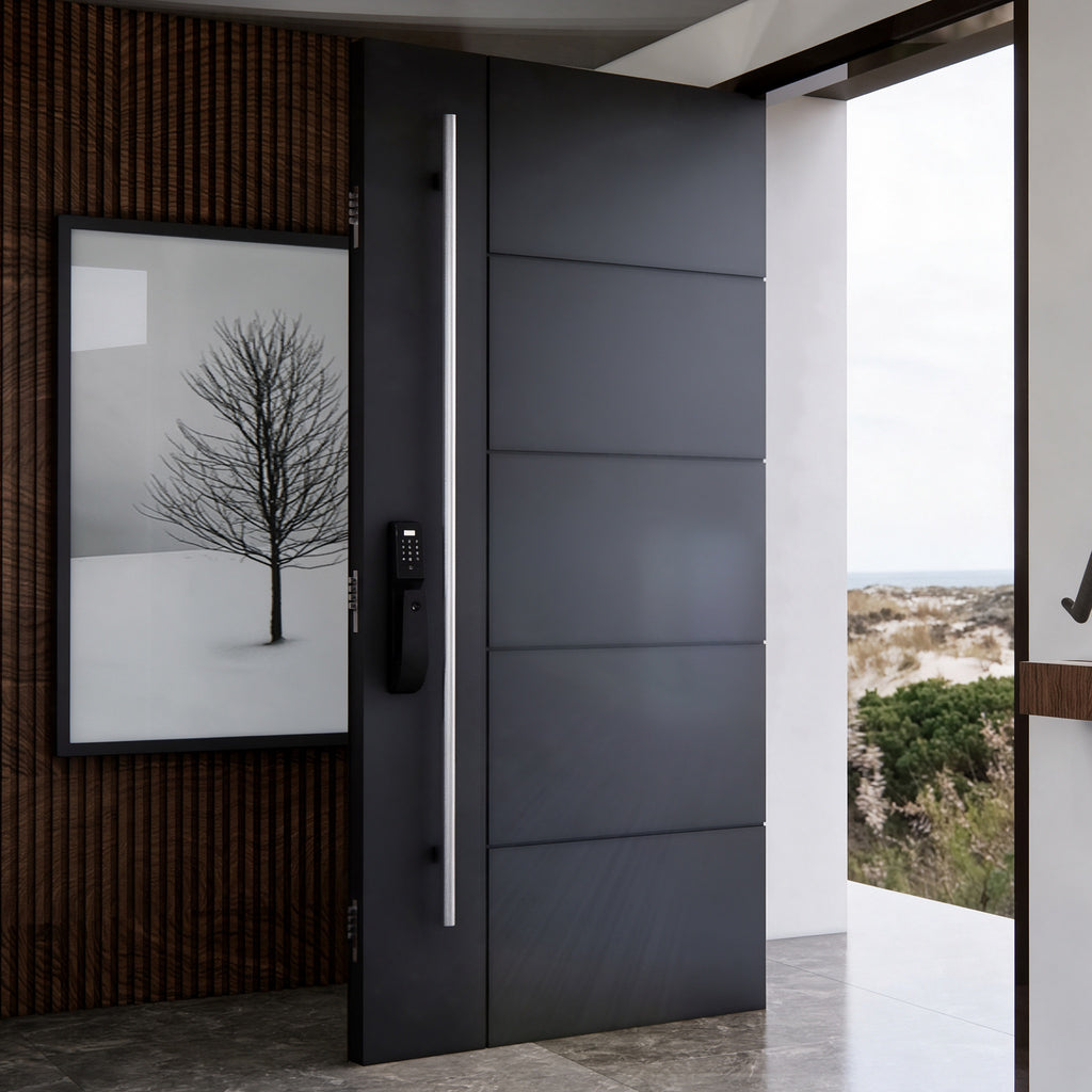 黑色橫線極簡鑄鋁偏軸門｜Black Horizontal Minimalist Cast-Aluminium Pivot Door