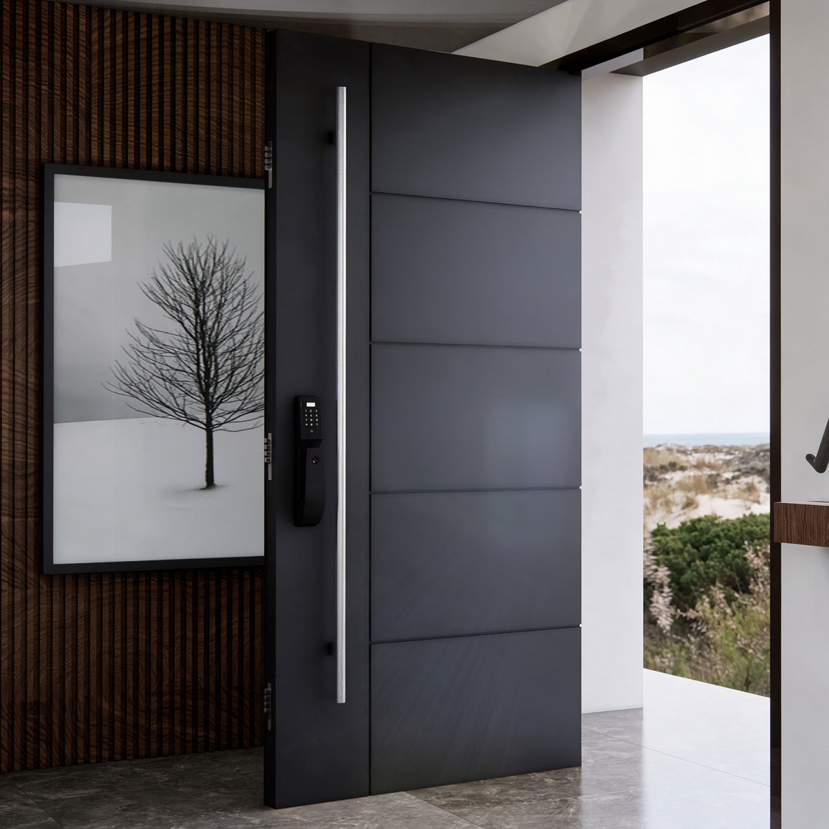 黑色橫線極簡鑄鋁偏軸門｜Black Horizontal Minimalist Cast-Aluminium Pivot Door