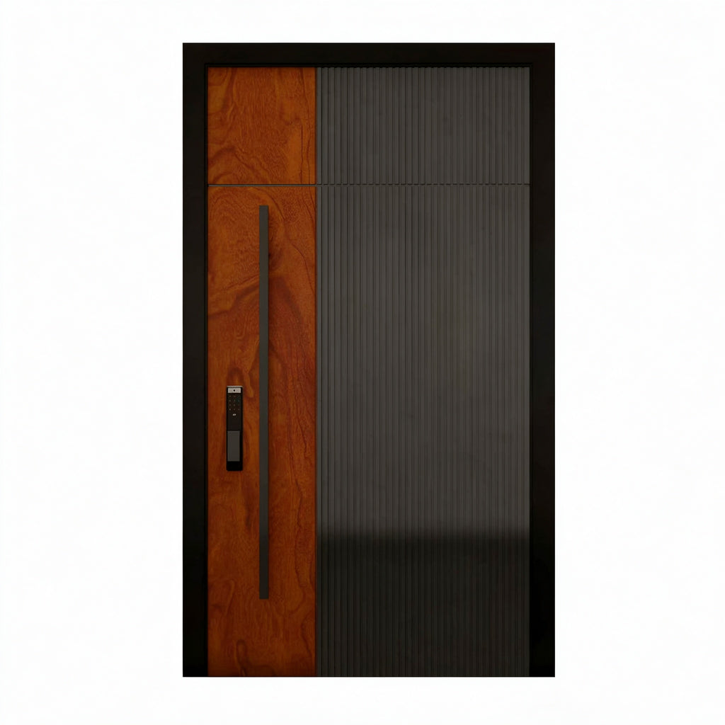黑木雙色鑄鋁偏軸門｜Black-and-Wood Two-Tone Cast-Aluminium Pivot Door