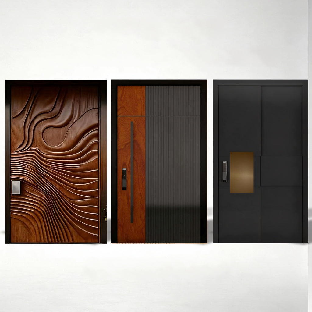 黑木雙色鑄鋁偏軸門｜Black-and-Wood Two-Tone Cast-Aluminium Pivot Door