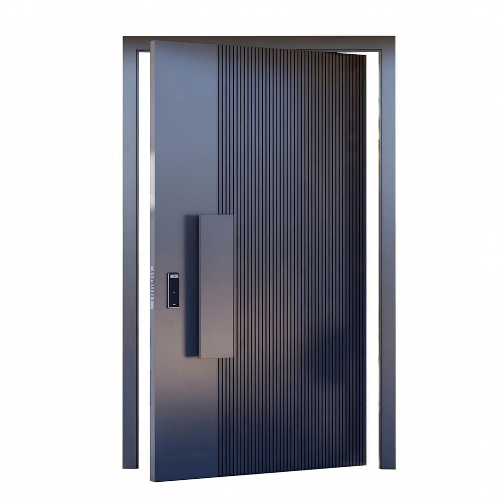 藍黑豎紋鑄鋁偏軸門｜Midnight-Blue Vertical-Rib Cast-Aluminium Pivot Door