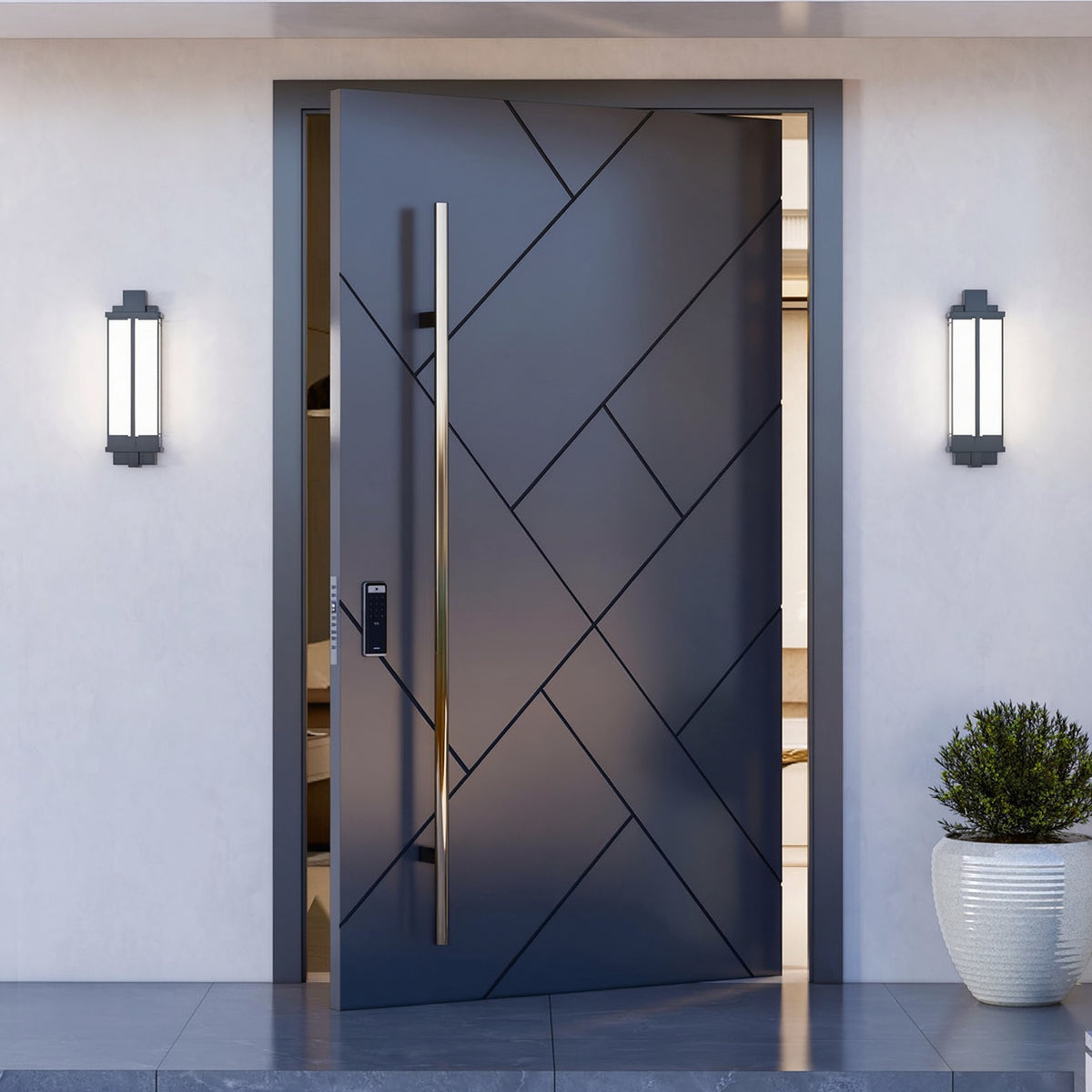 藍黑豎紋鑄鋁偏軸門｜Midnight-Blue Vertical-Rib Cast-Aluminium Pivot Door