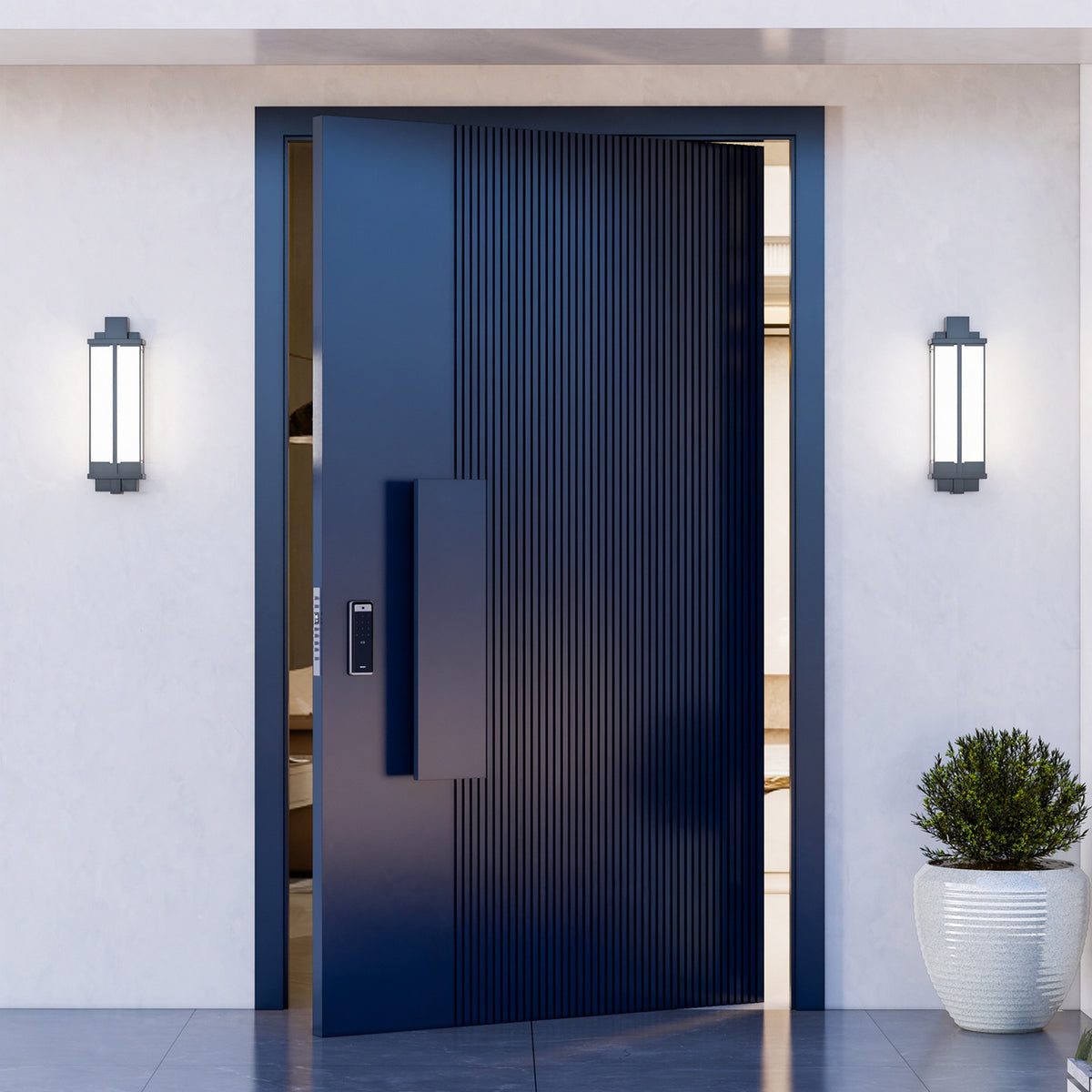 深藍雙開別墅斷橋偏軸門｜Navy Double-Leaf Thermal-Break Villa Pivot Door