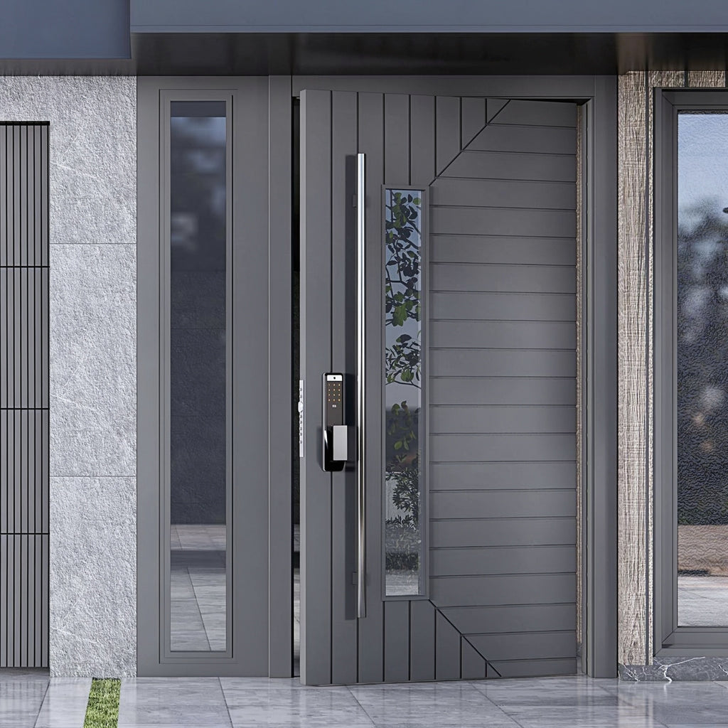 深藍雙開別墅斷橋偏軸門｜Navy Double-Leaf Thermal-Break Villa Pivot Door