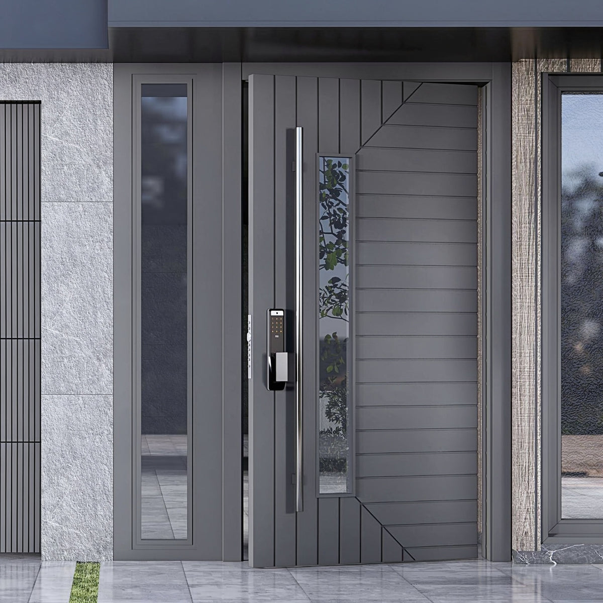 深藍雙開別墅斷橋偏軸門｜Navy Double-Leaf Thermal-Break Villa Pivot Door