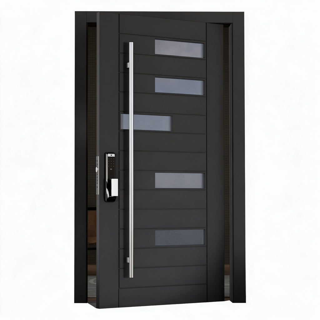鋼琴橫條玻璃鑄鋁偏軸門｜Piano-Black Horizontal Glass Cast-Aluminium Pivot Door