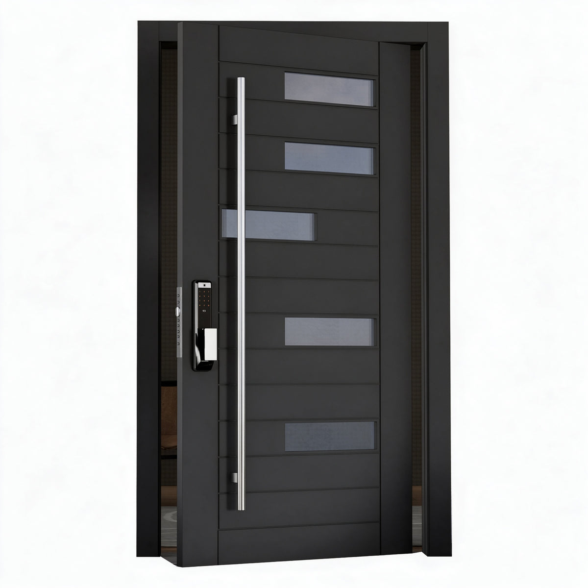 鋼琴橫條玻璃鑄鋁偏軸門｜Piano-Black Horizontal Glass Cast-Aluminium Pivot Door