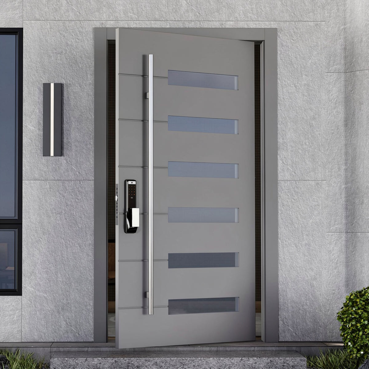 鋼琴橫條玻璃鑄鋁偏軸門｜Piano-Black Horizontal Glass Cast-Aluminium Pivot Door