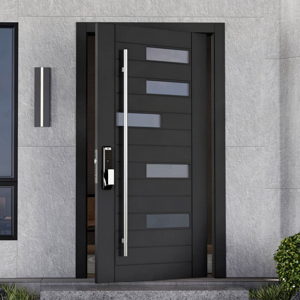 鋼琴橫條玻璃鑄鋁偏軸門｜Piano-Black Horizontal Glass Cast-Aluminium Pivot Door