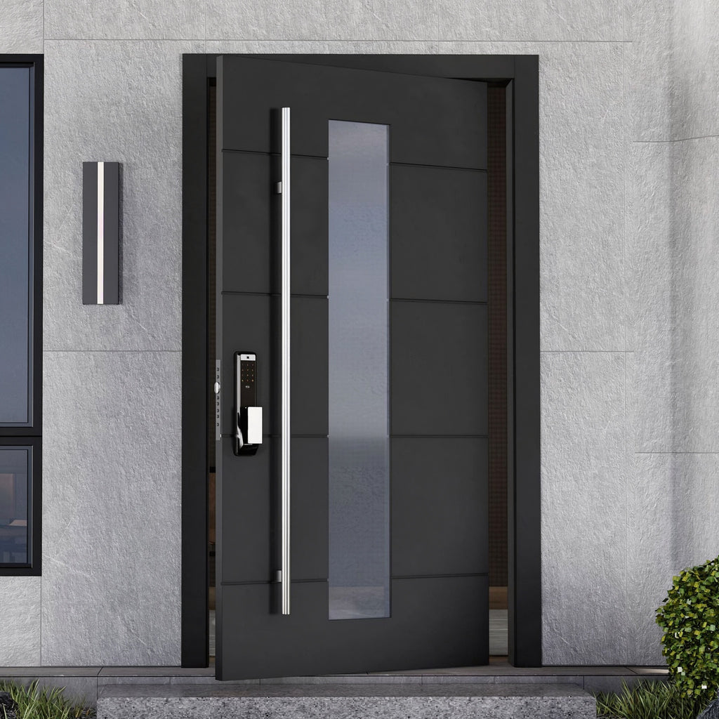 鋼琴橫條玻璃鑄鋁偏軸門｜Piano-Black Horizontal Glass Cast-Aluminium Pivot Door