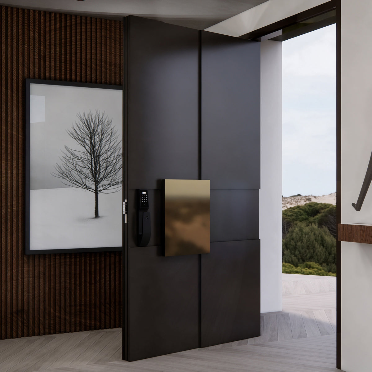 鋼琴黑現代鑄鋁樞軸門｜Piano-Black Modern Cast-Aluminium Pivot Door