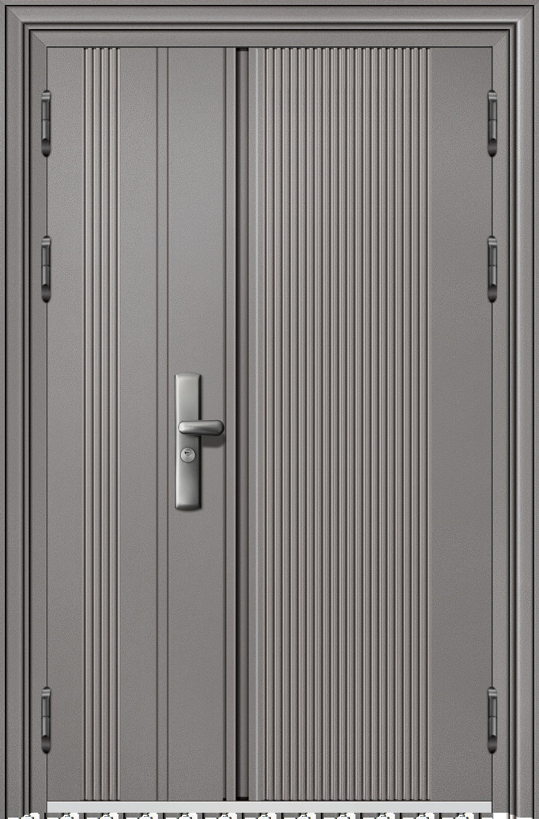 現代簡約風 入戶金屬子母大門 智能鎖 深灰豎紋雙開門｜香港訂造